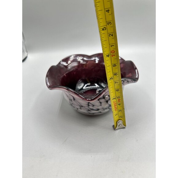 Art Glass Ruffled Edge Bowl Purple White Handmade Candle Holder Trinket Dish - Picture 10 of 10